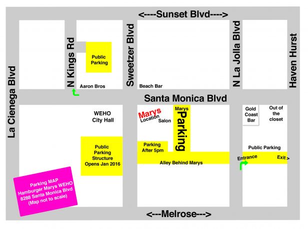 Parking map for Hamburger Mary's Weho at 8288 Santa Monica Blvd (map is not to scale). Public parking available on N Kings Rd north of Santa Monica Blvd. Public parking structure on Sweetzer Blvd south of Santa Monica Blvd. Mary's Parking next to the restaurant and also after 5pm in the alley behind Mary's.